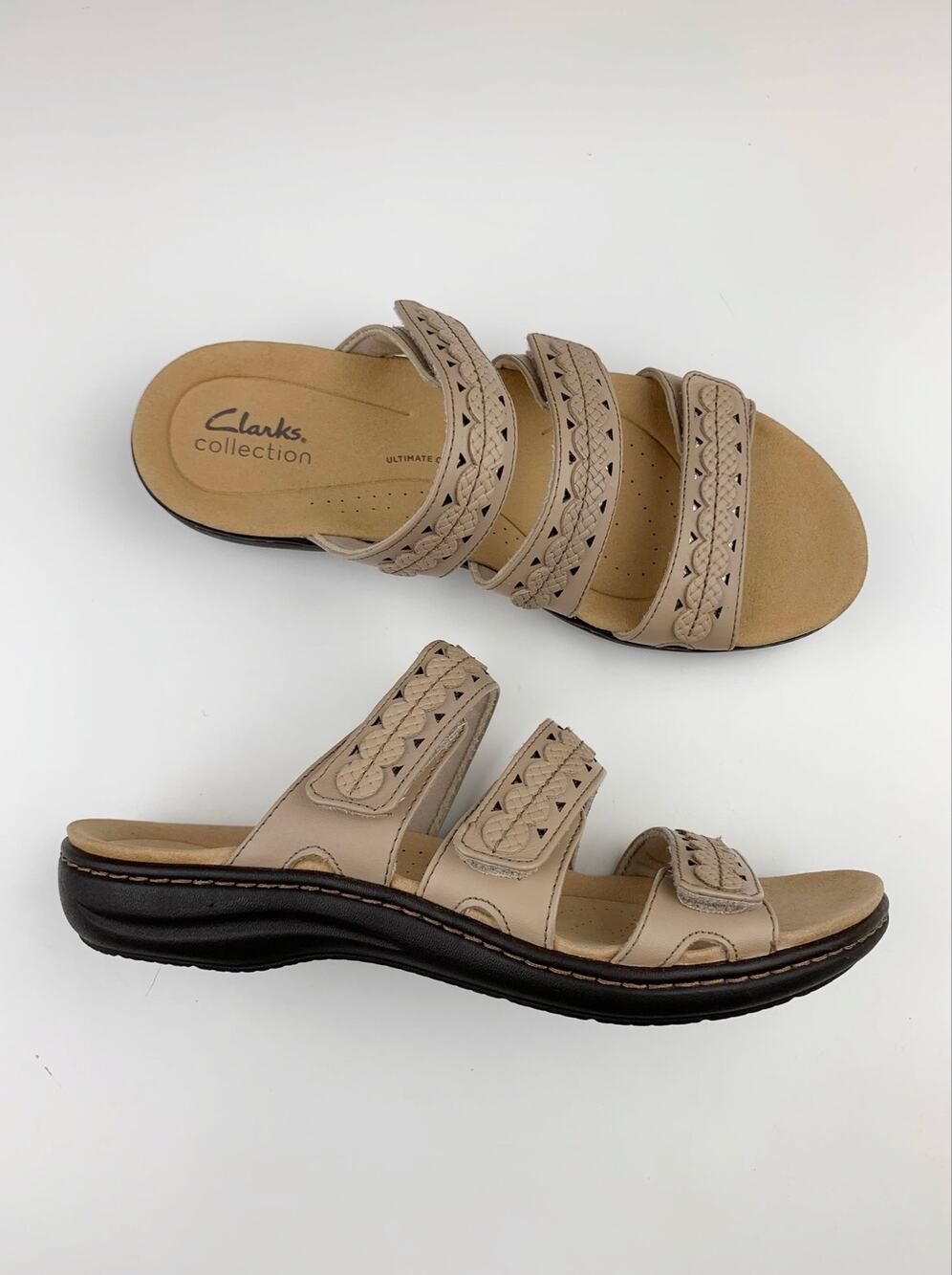 Clarks Sandals Laurieann Cove Tan Leather Adjustable Slip On Comfort Women's 7.5